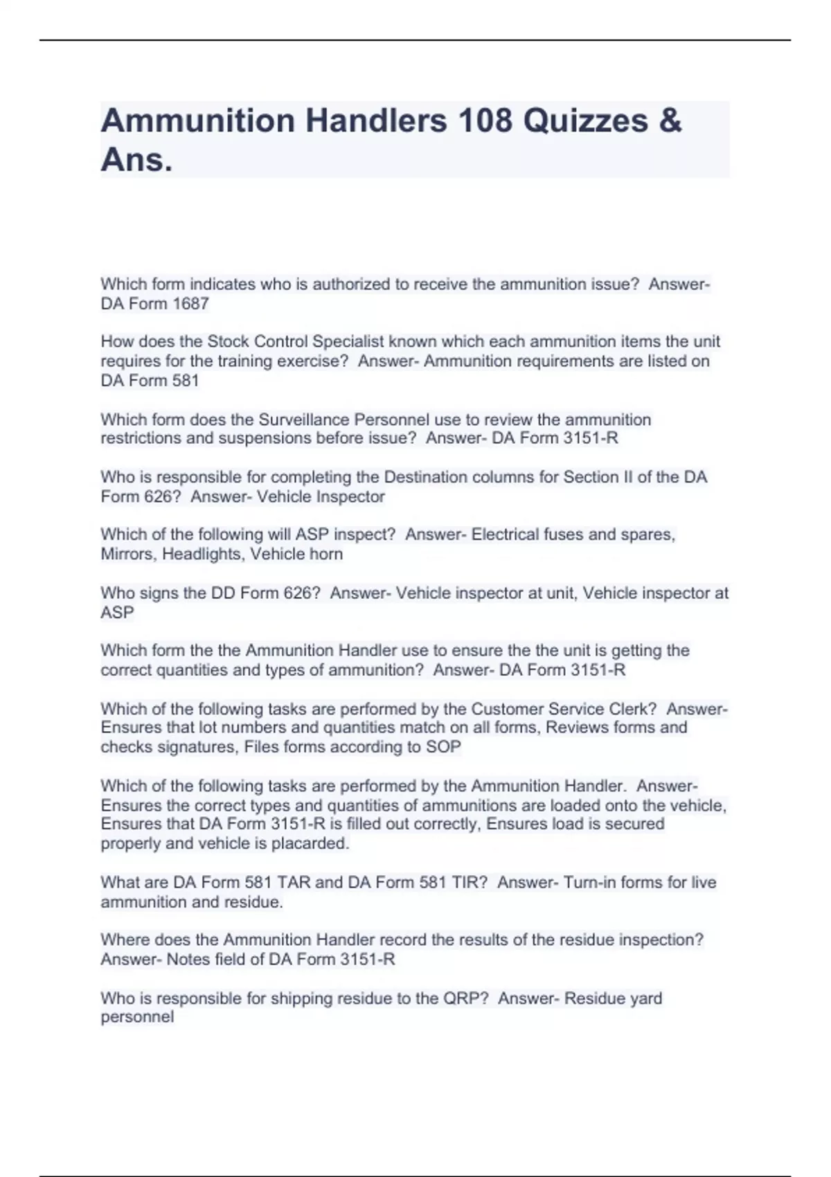 Ammunition Handlers 108 Quizzes & Ans. Ammo 108 Stuvia US