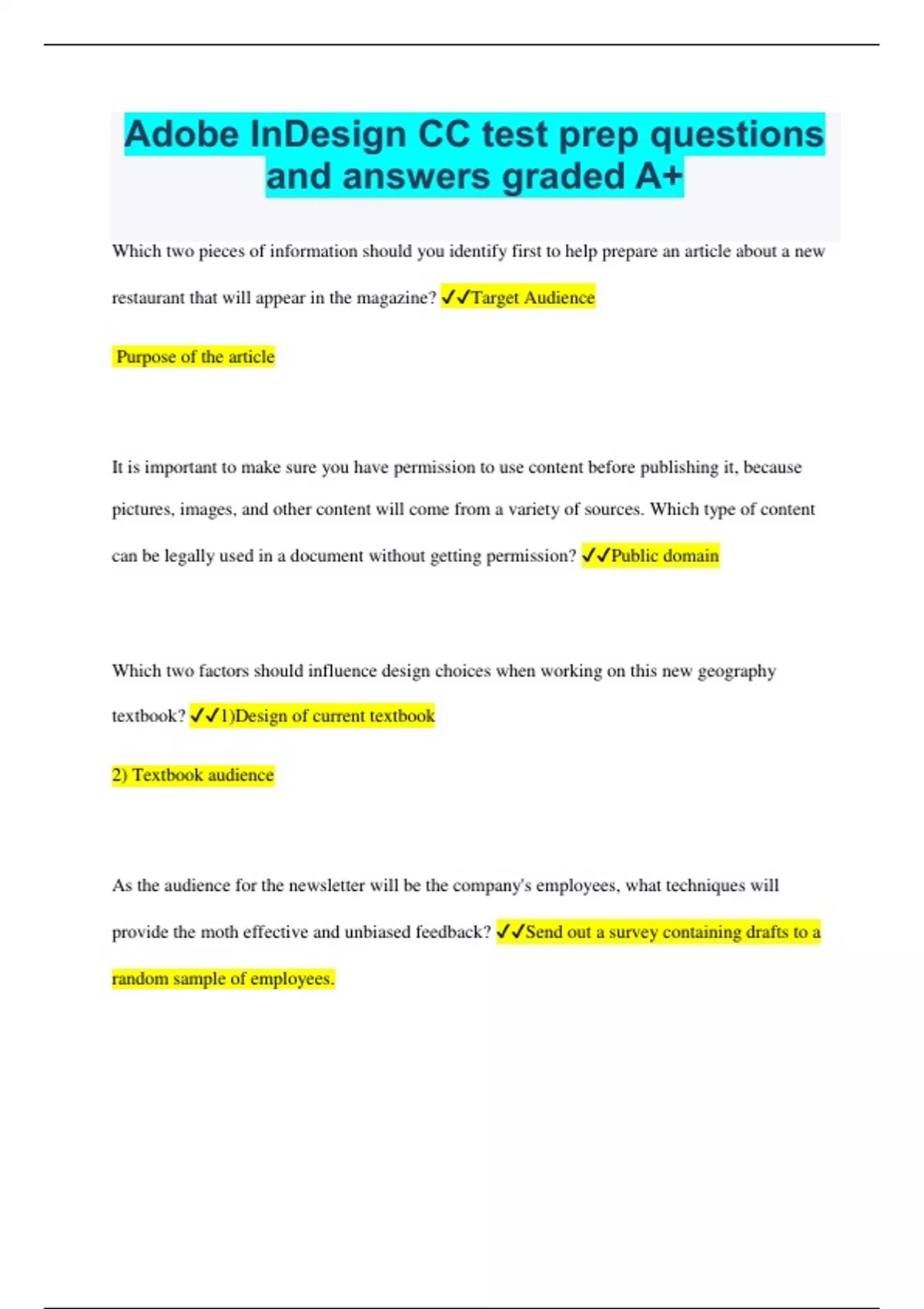 Adobe InDesign CC test prep questions and answers graded A+ Adobe