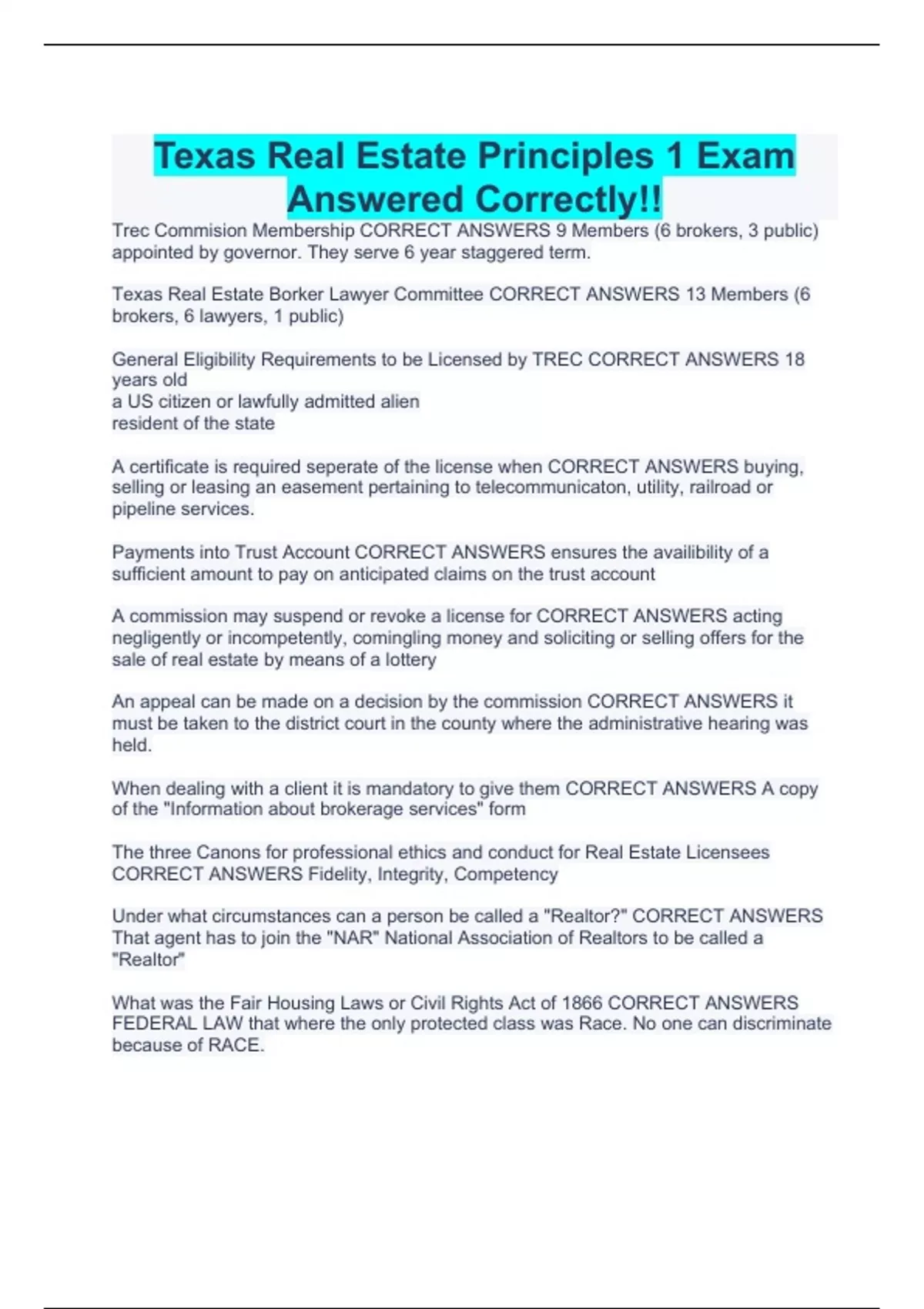 Texas Real Estate Principles 1 Exam Answered Correctly!! Texas