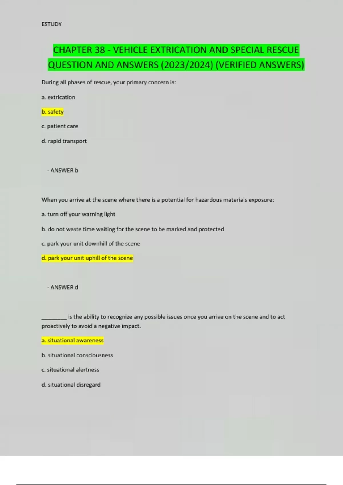 CHAPTER 38 VEHICLE EXTRICATION AND SPECIAL RESCUE QUESTION AND