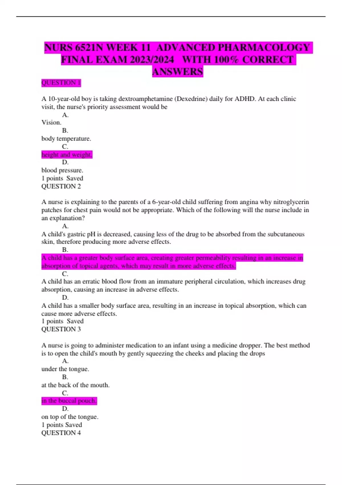 NURS 6521N WEEK 11 ADVANCED PHARMACOLOGY FINAL EXAM 2023/2024 WITH 100% ...