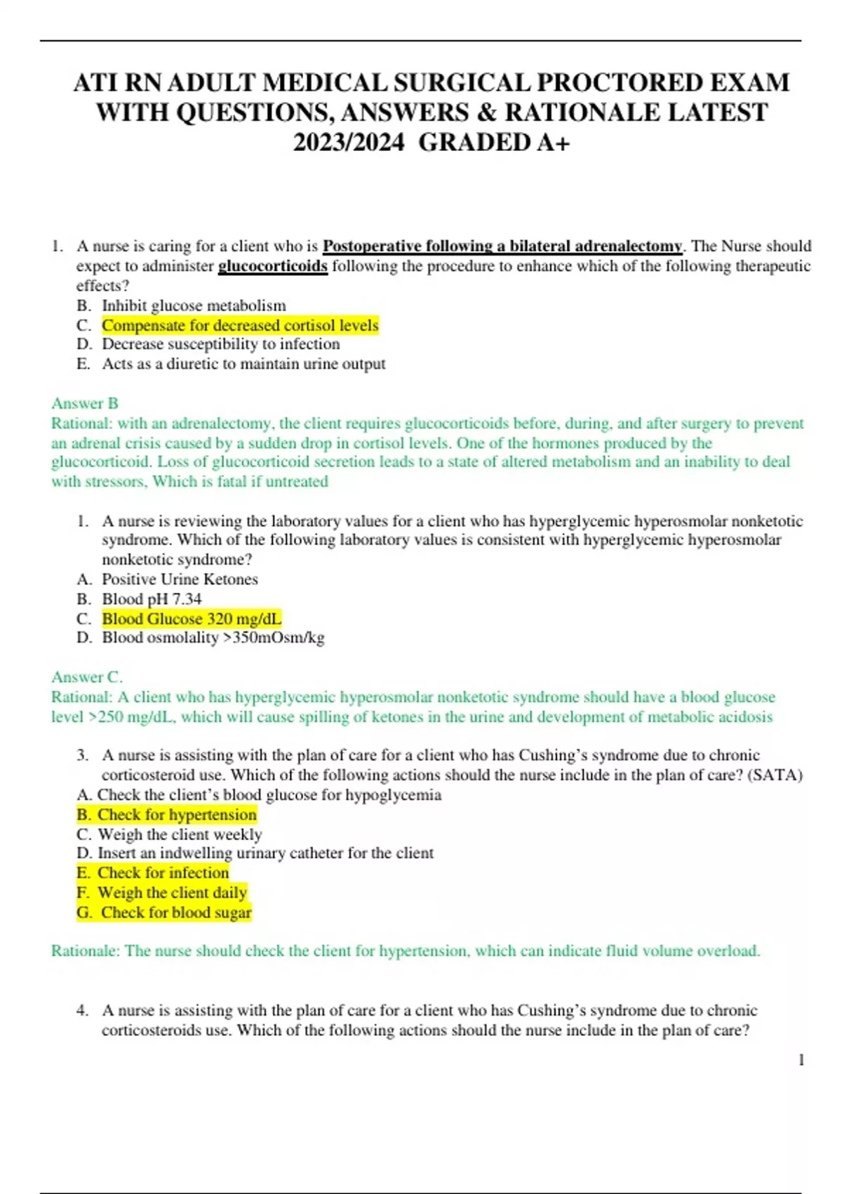 ATI RN ADULT MEDICAL SURGICAL PROCTORED EXAM WITH QUESTIONS, ANSWERS ...