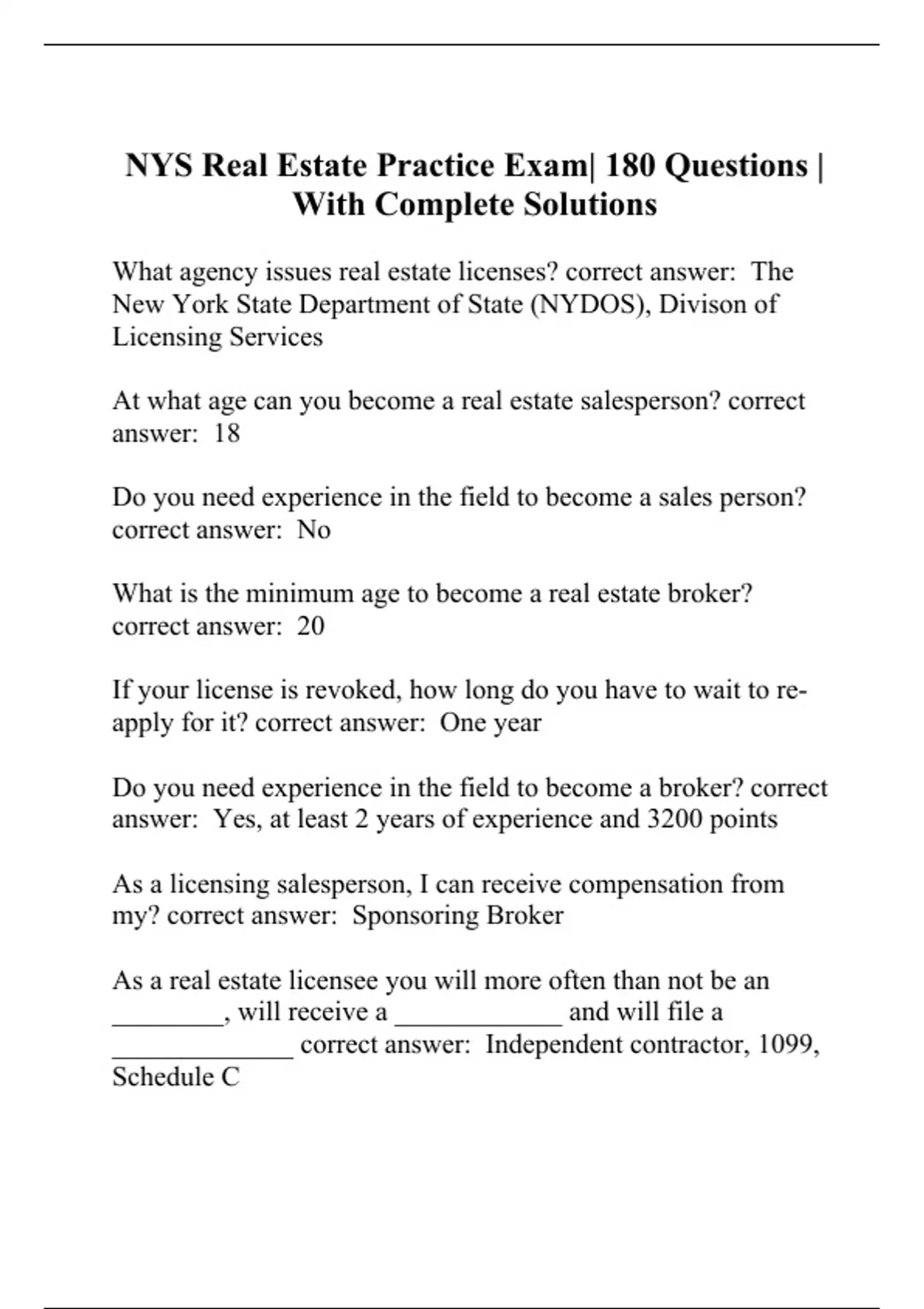 NYS Real Estate Practice Exam 180 Questions With Complete Solutions
