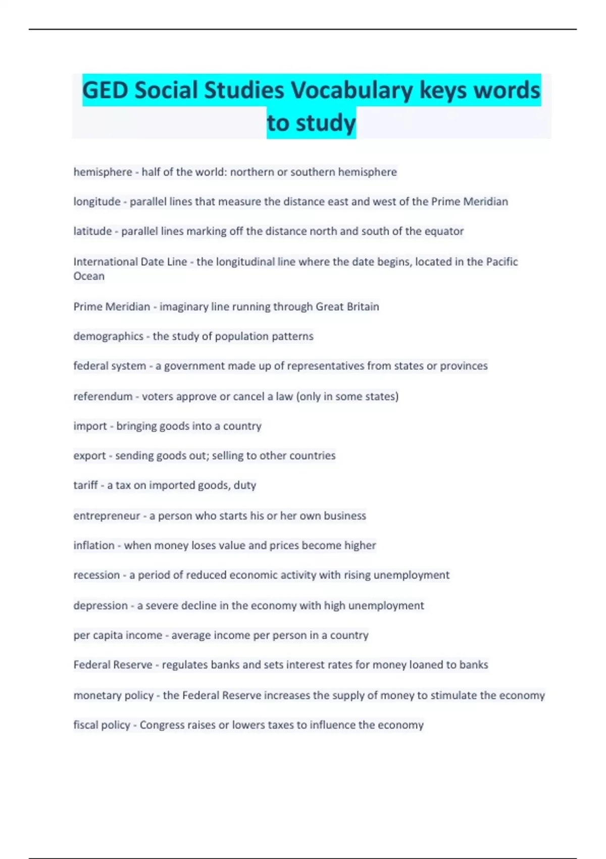 GED Social Studies Vocabulary keys words to study GED General