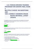 U&period;S&period; FORCES DRIVERS TRAINING PROGRAM FOR EUROPE FINAL EXAM 2 MULTIPLE CHOICE 160 QUESTIONS AND 100&percnt; CORRECT ANSWERS GRADE BOOST MATERIAL LATEST UPDATE
