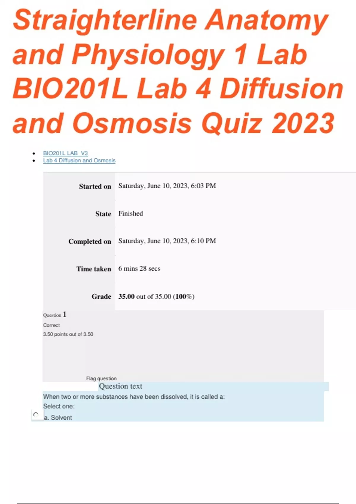 Straighterline Anatomy and Physiology 1 Lab BIO201L Lab 4 Diffusion and