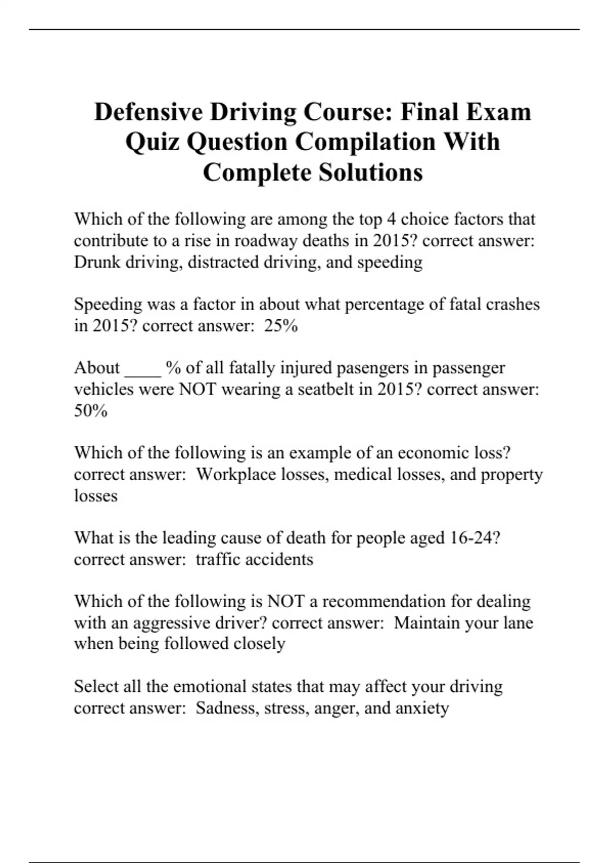 Defensive Driving Course Final Exam Quiz Question Compilation With