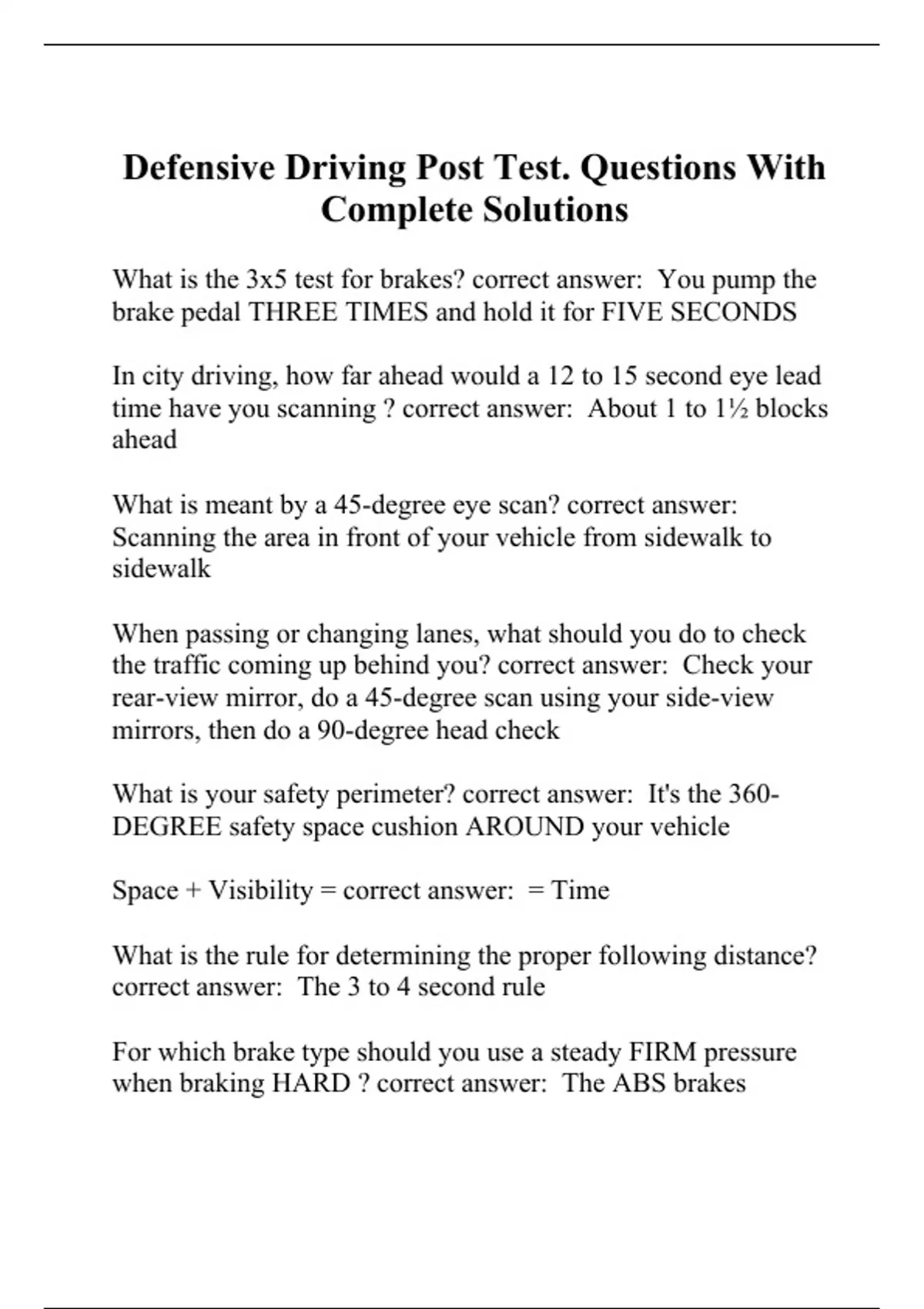 Defensive Driving Post Test. Questions With Complete Solutions