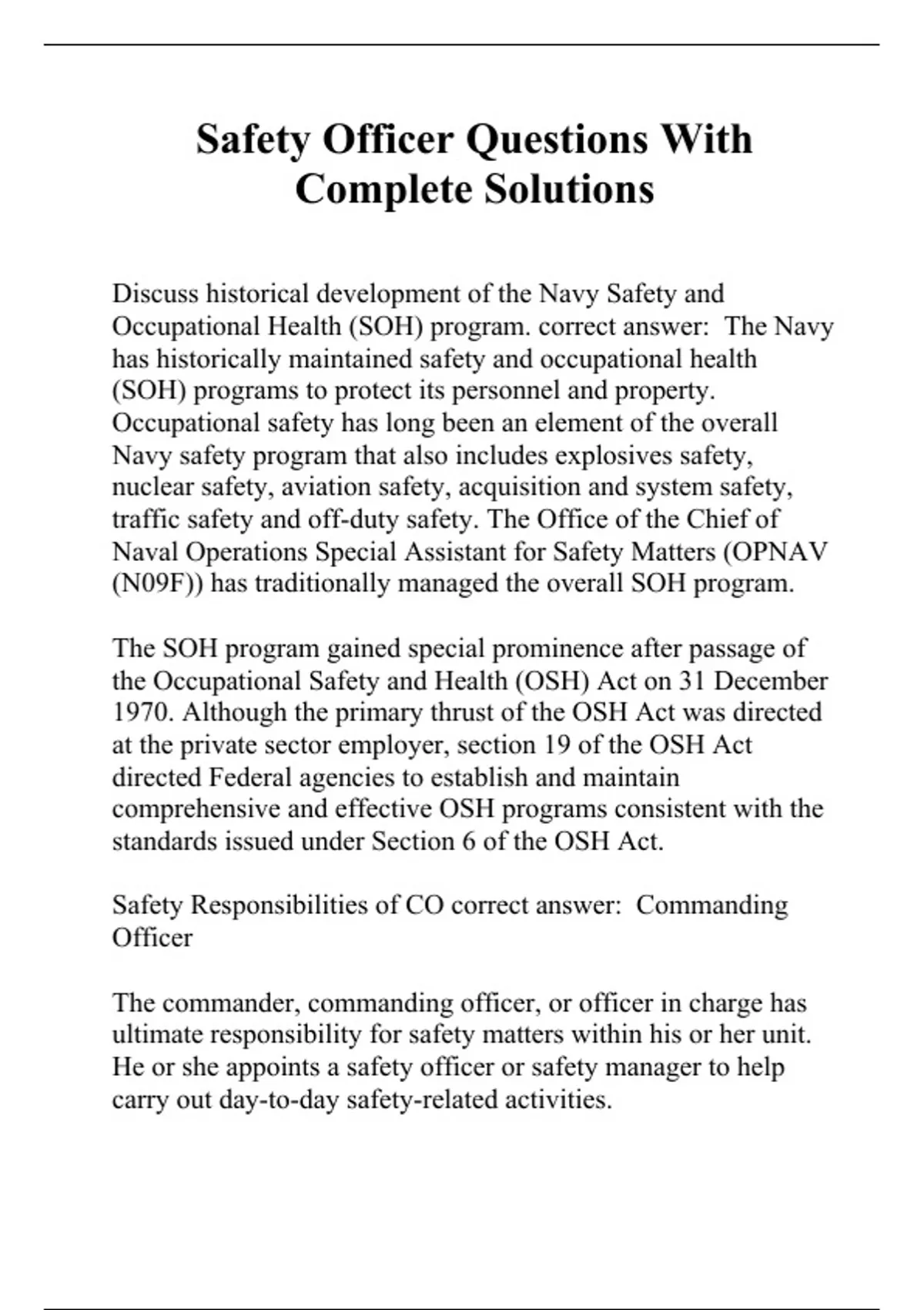 Safety Officer Questions With Complete Solutions Safety Officer
