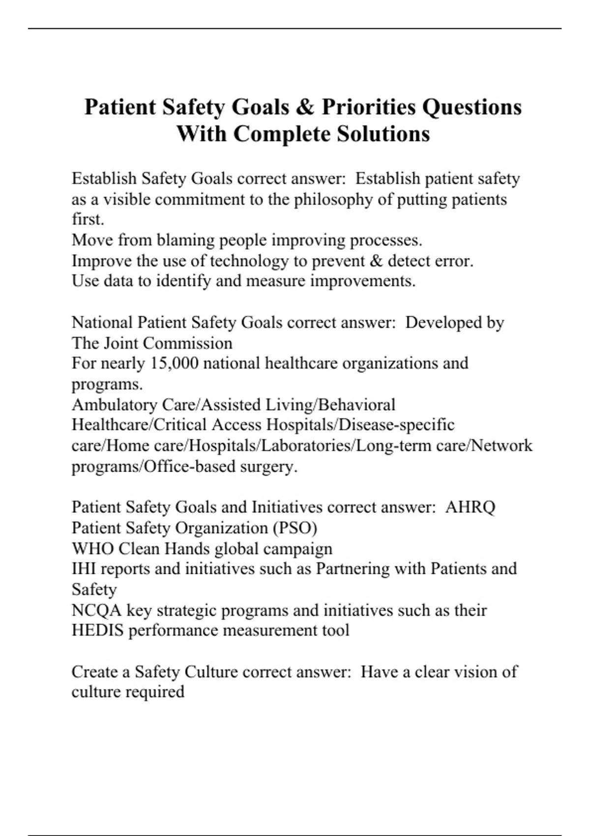 Patient Safety Goals & Priorities Questions With Complete Solutions