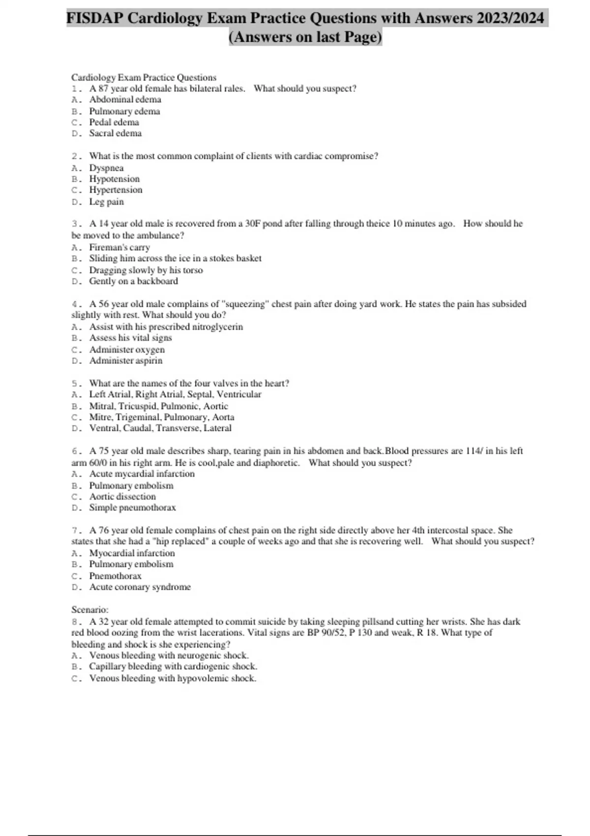 FISDAP Cardiology Exam Practice Questions with Answers 2023/2024