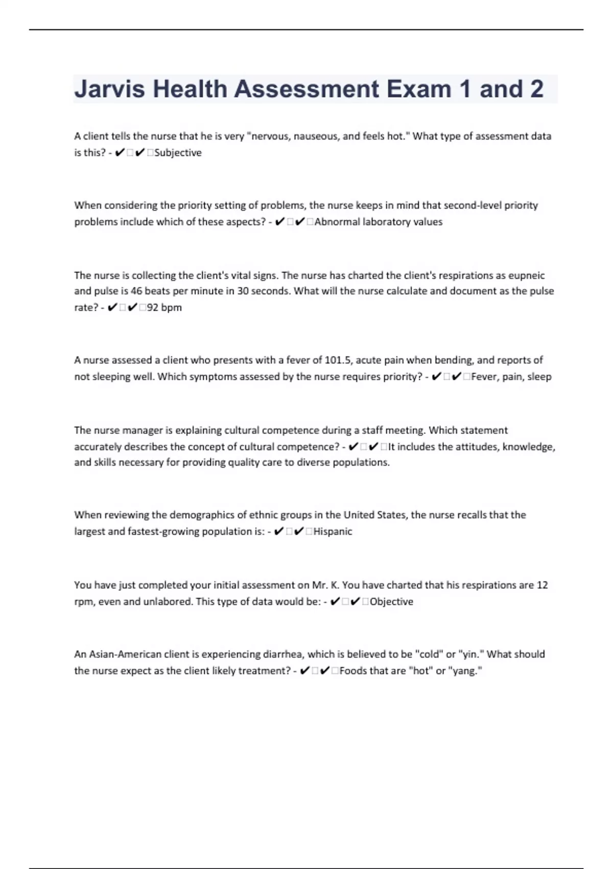 Jarvis Health Assessment Exam 1 and 294 Review Questions with 100 Correct Answers Verified