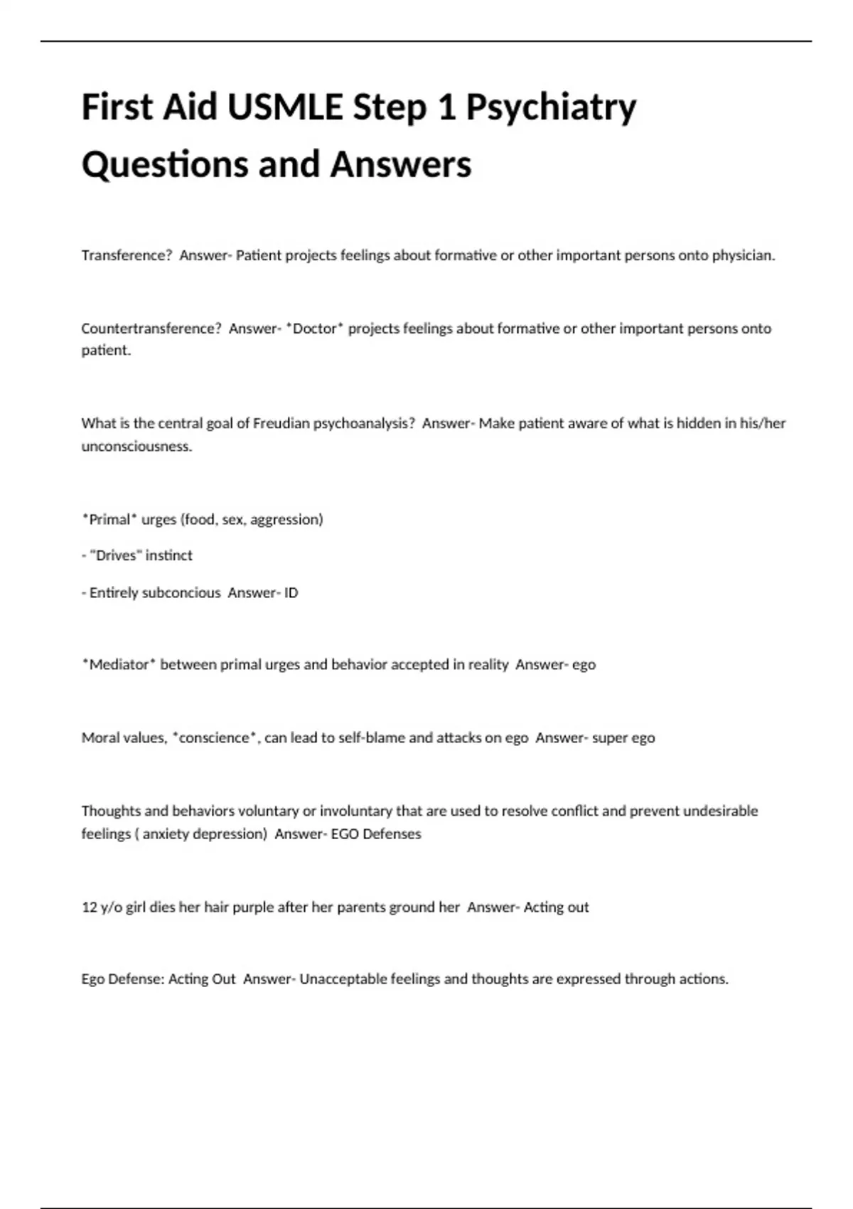 First Aid USMLE Step 1 Psychiatry Questions and Answers - USMLE - Stuvia US