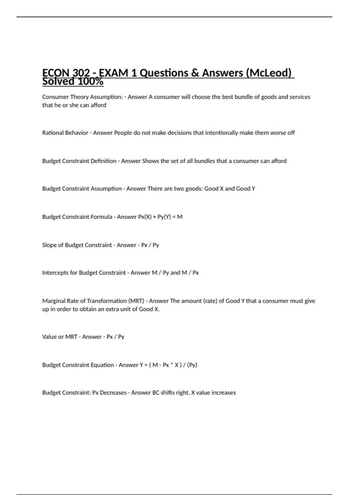 ECON 302 - EXAM 1 Questions & Answers (McLeod) Solved 100% - ECON 302 ...