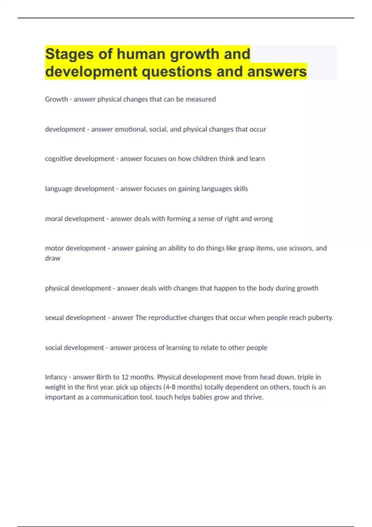 Stages of human growth and development questions and answers Human Growth and Development