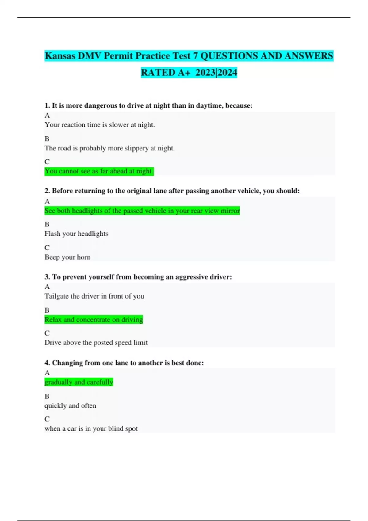 Kansas DMV Permit Practice Test 7 QUESTIONS AND ANSWERS RATED A+ 2023