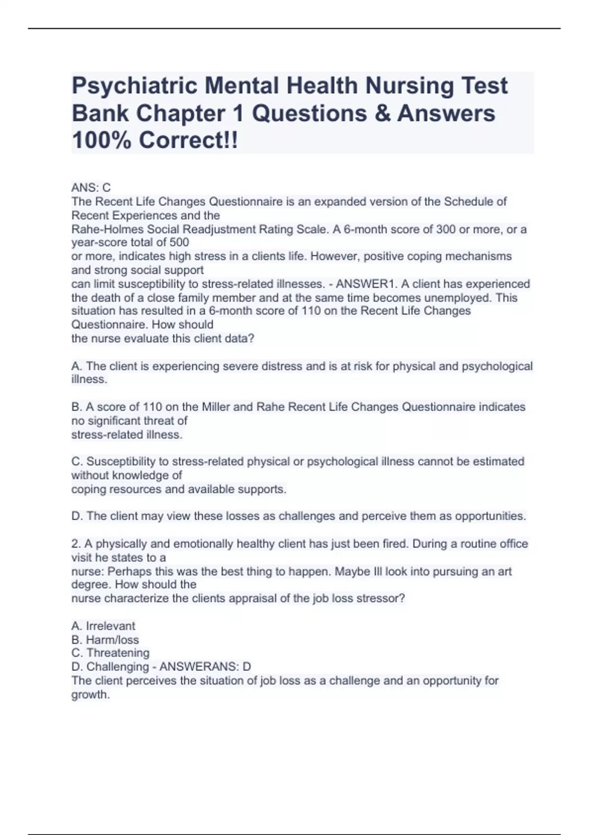 Psychiatric Mental Health Nursing Test Bank Chapter 1 Questions