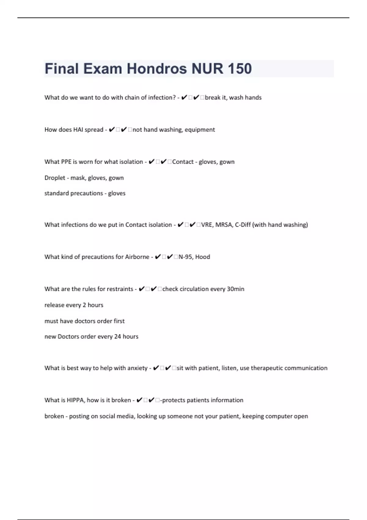 Final Exam Hondros NUR 150|99 Questions with 100% Correct Answers ...