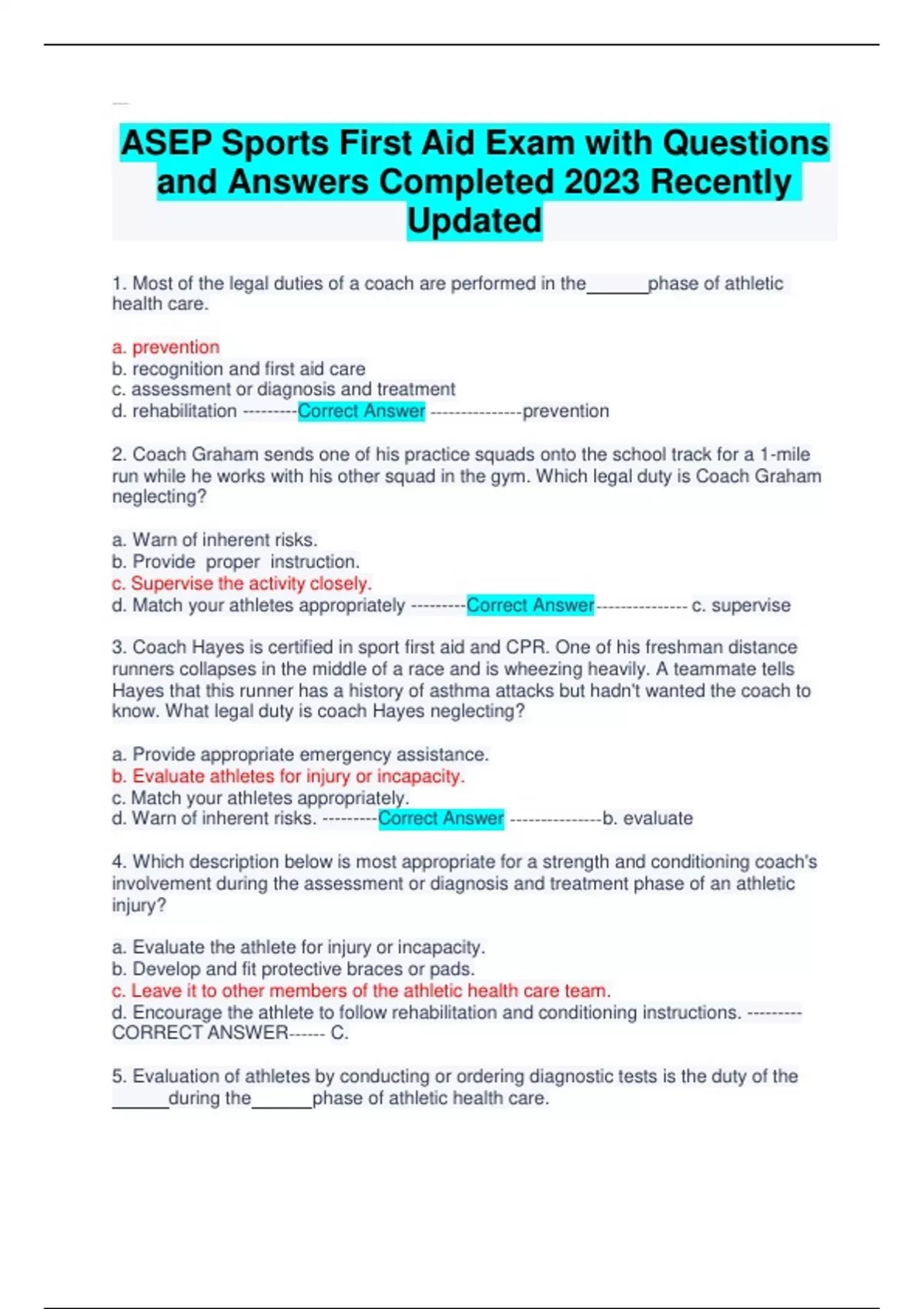 ASEP Sports First Aid Exam with Questions and Answers Completed 2023