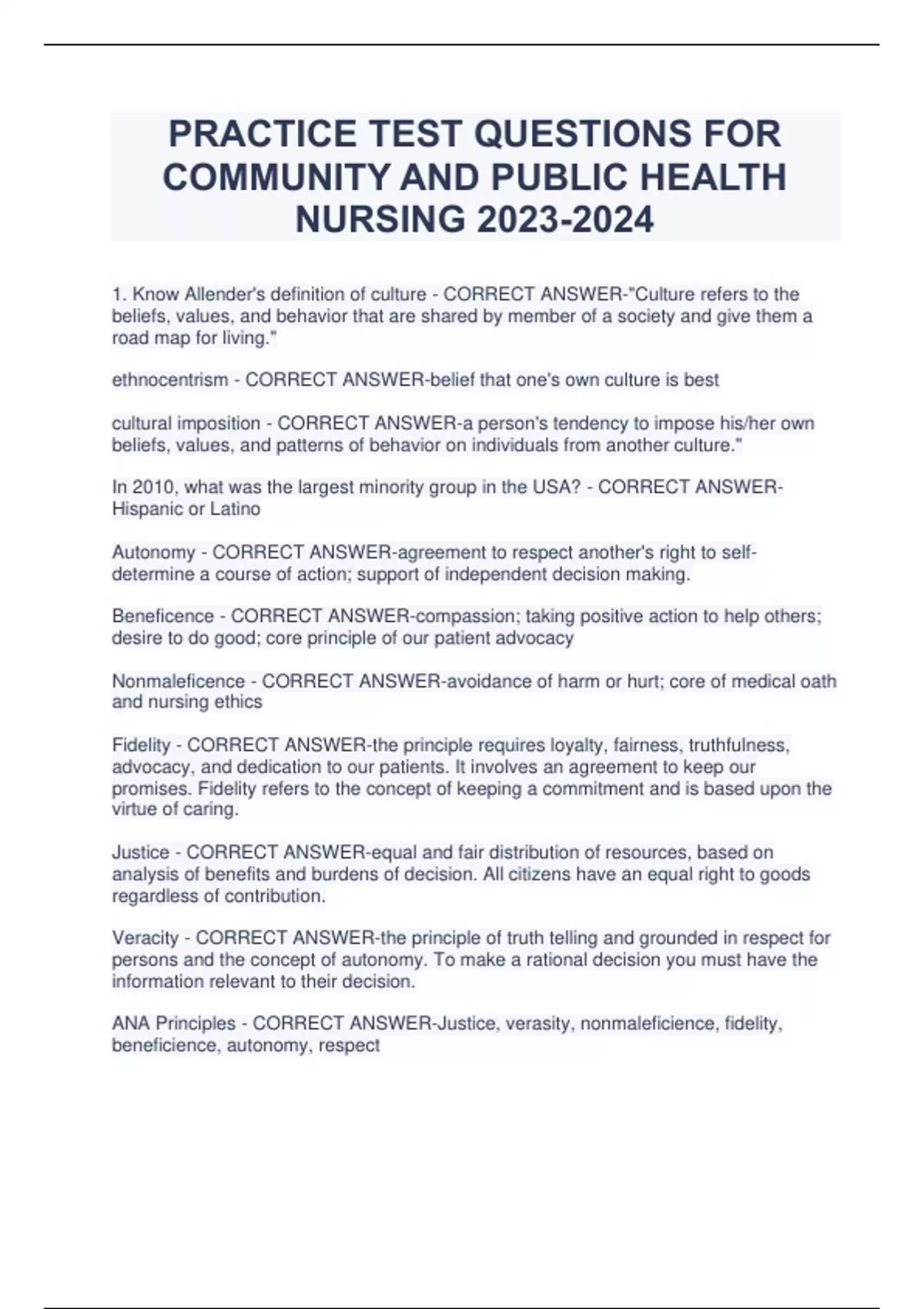 PRACTICE TEST QUESTIONS FOR COMMUNITY AND PUBLIC HEALTH NURSING ...
