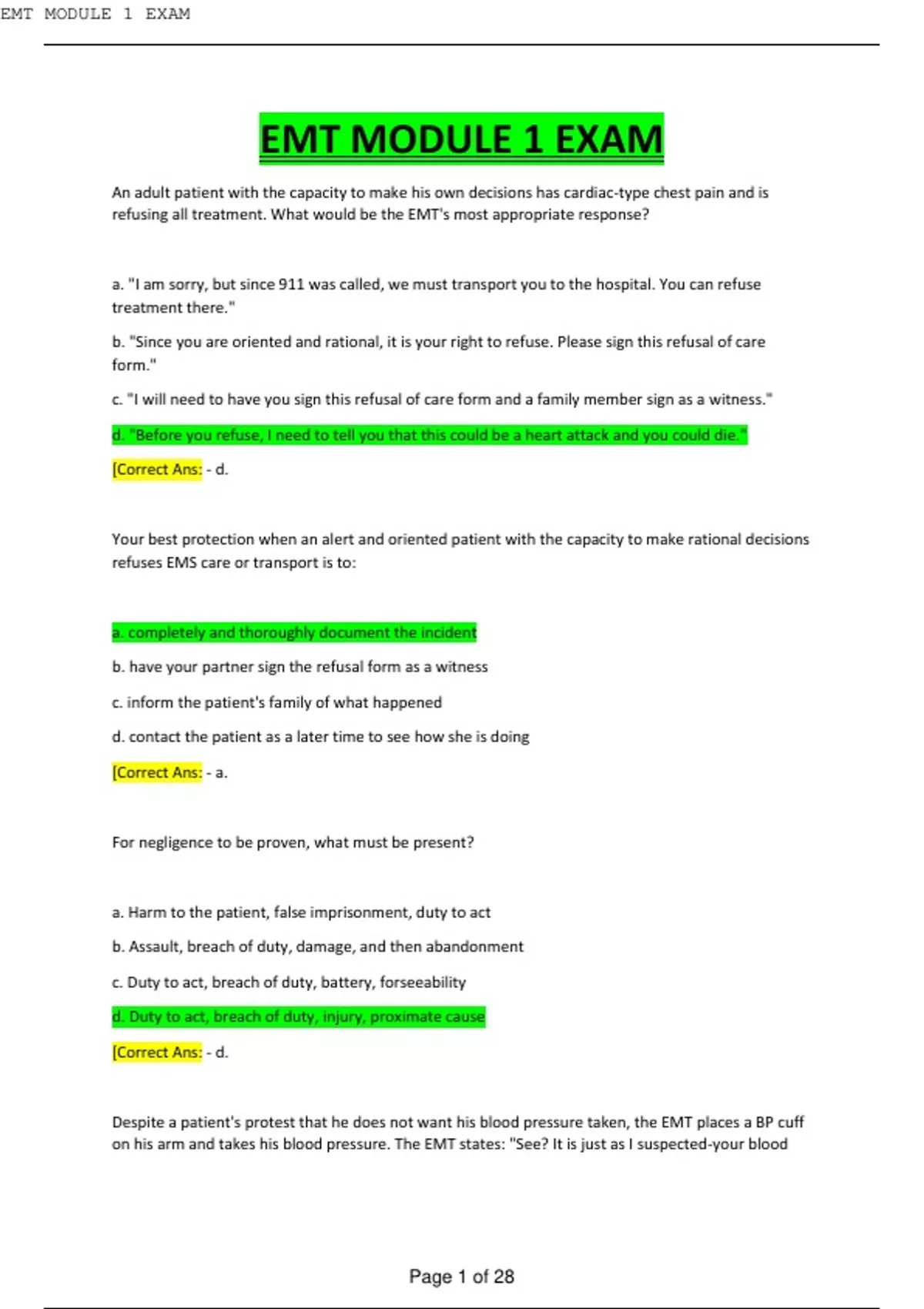 EMT Modules 17 Exams and EMT Final Exam / Guarantee Pass Multiple