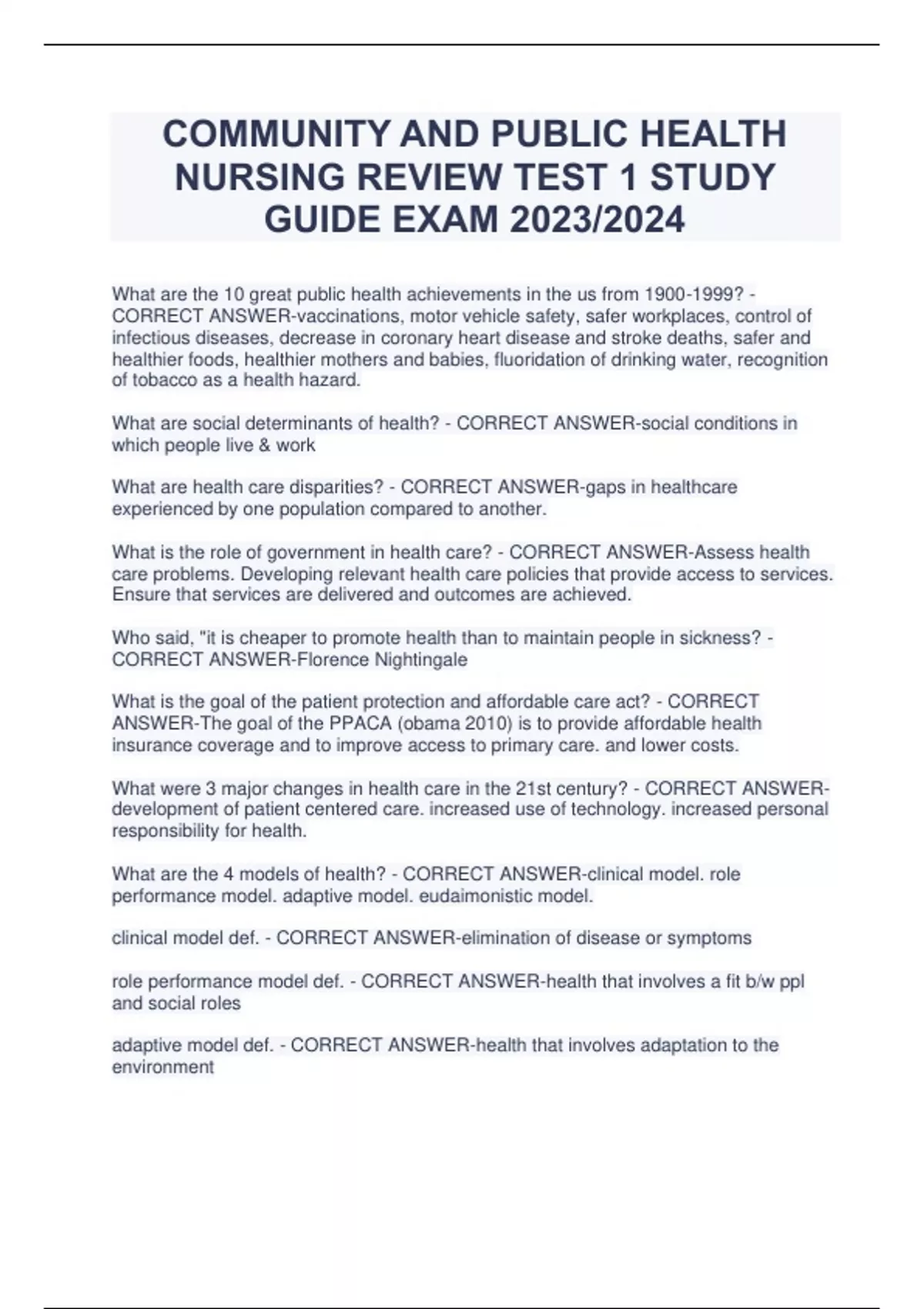 COMMUNITY AND PUBLIC HEALTH NURSING REVIEW TEST 1 STUDY GUIDE EXAM 2023 ...