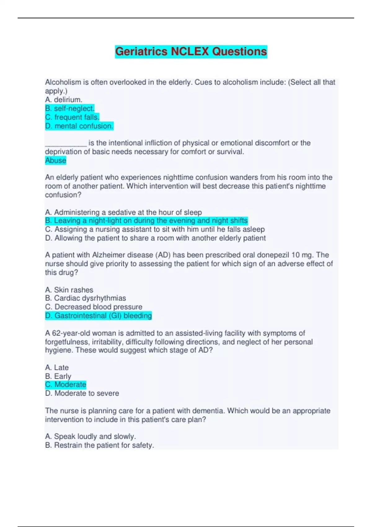 Geriatrics NCLEX Questions Answered with Complete Solutions Geriatrics NCLEX Stuvia US
