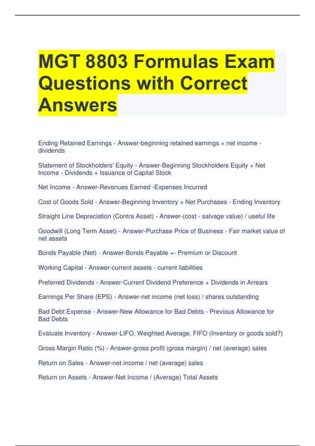 MGT 8803 Formulas Exam Questions with Correct Answers - MGT 8803 ...
