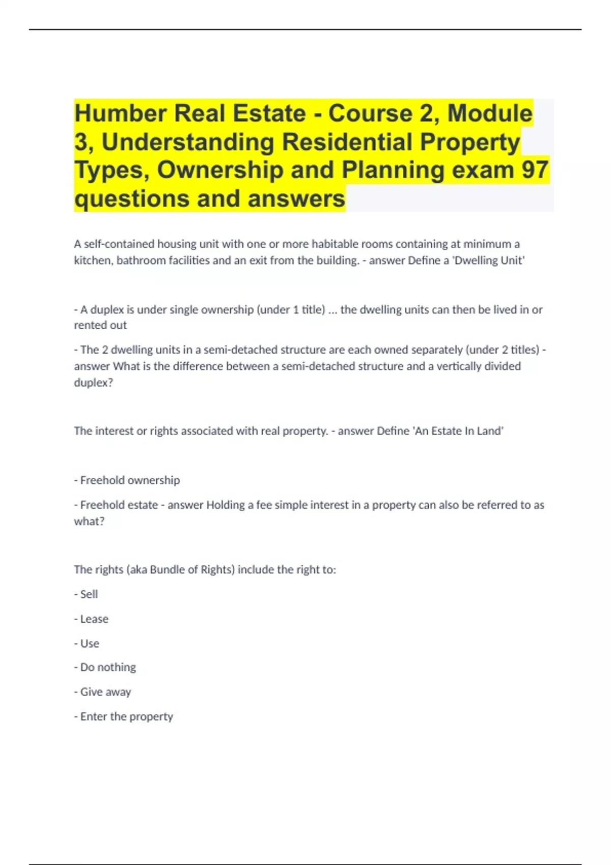 Humber Real Estate Course 2, Module 3, Understanding Residential
