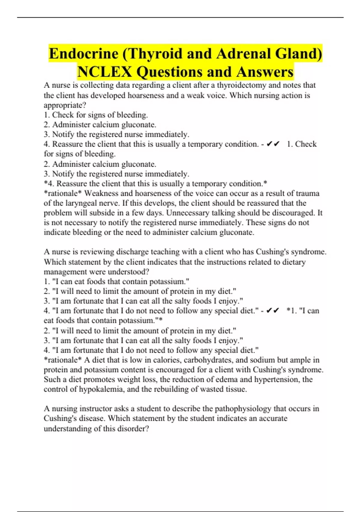 Endocrine (Thyroid and Adrenal Gland) NCLEX Questions and Answers