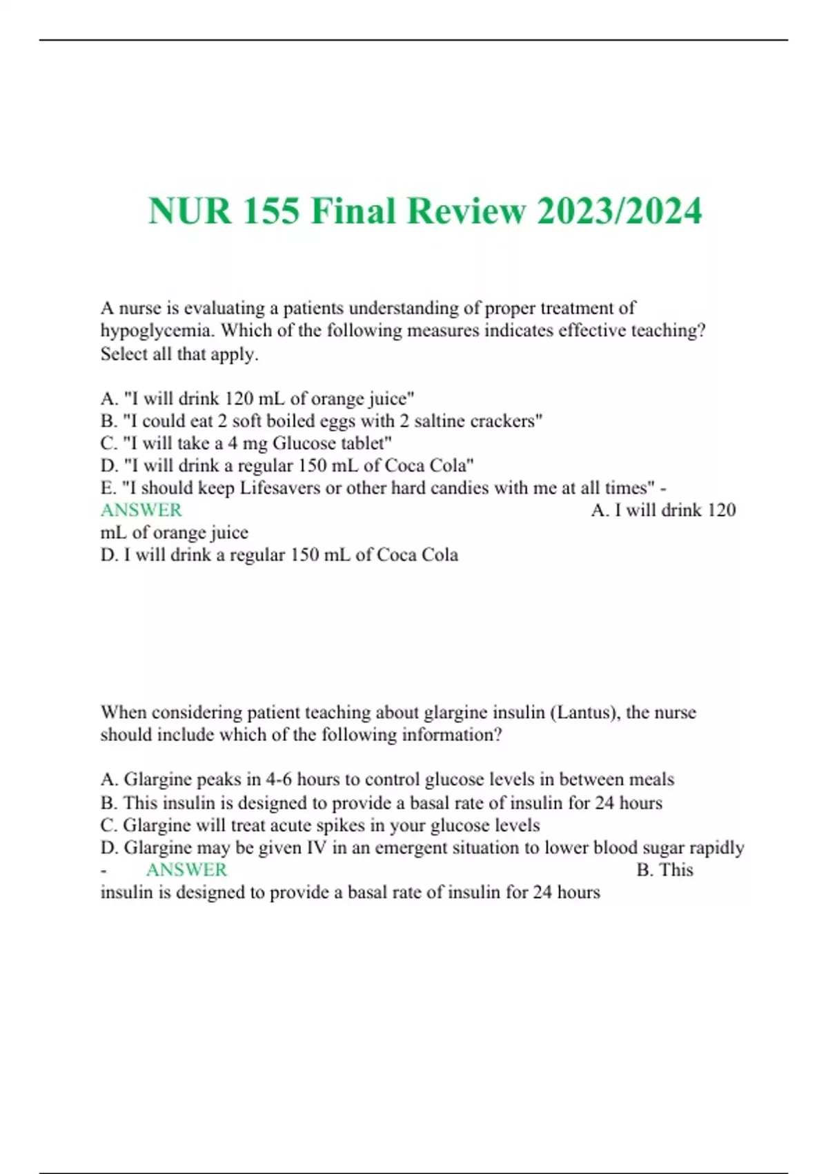 Nur 155 Rbe NUR 155 Final Review 2023/2024 / NUR155/ NUR 155 (Latest 2023/ 2024 ...