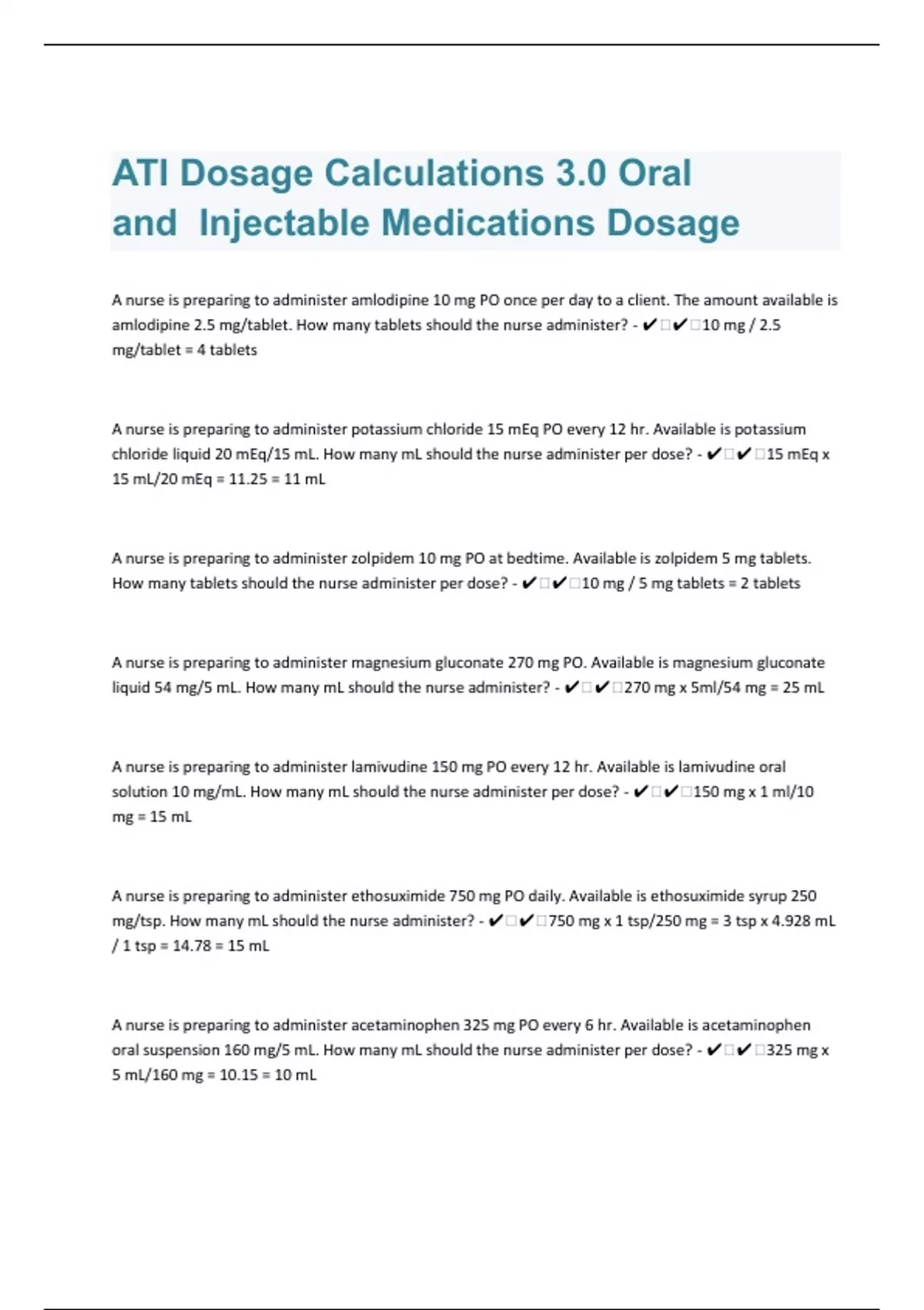 ATI Dosage Calculations Oral and Injectable Medications Dosage50