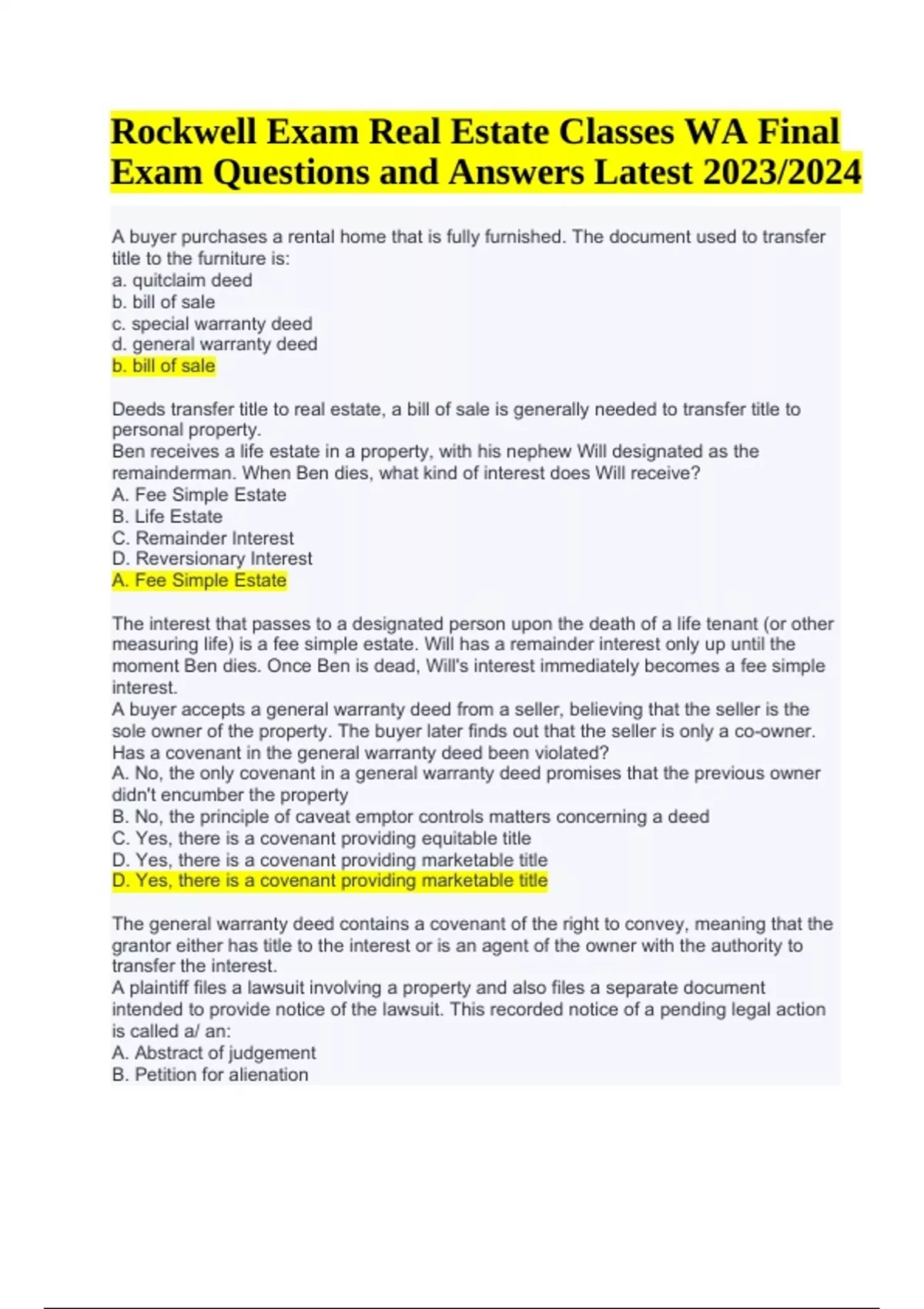 Rockwell Real Estate Final Exam Questions and Answers Latest 2023/2024