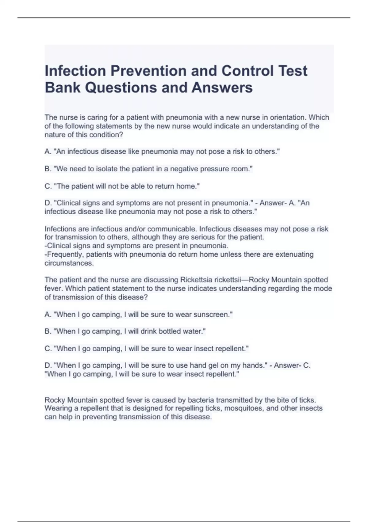 Questions Infection Control Infection Prevention and Control Test Bank Questions and Answers ...