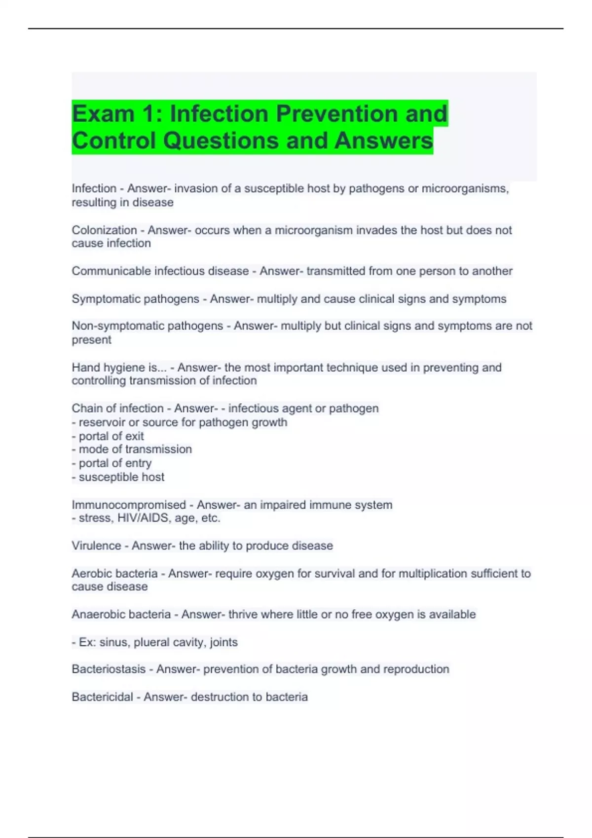 Exam 1 Infection Prevention and Control Questions and Answers