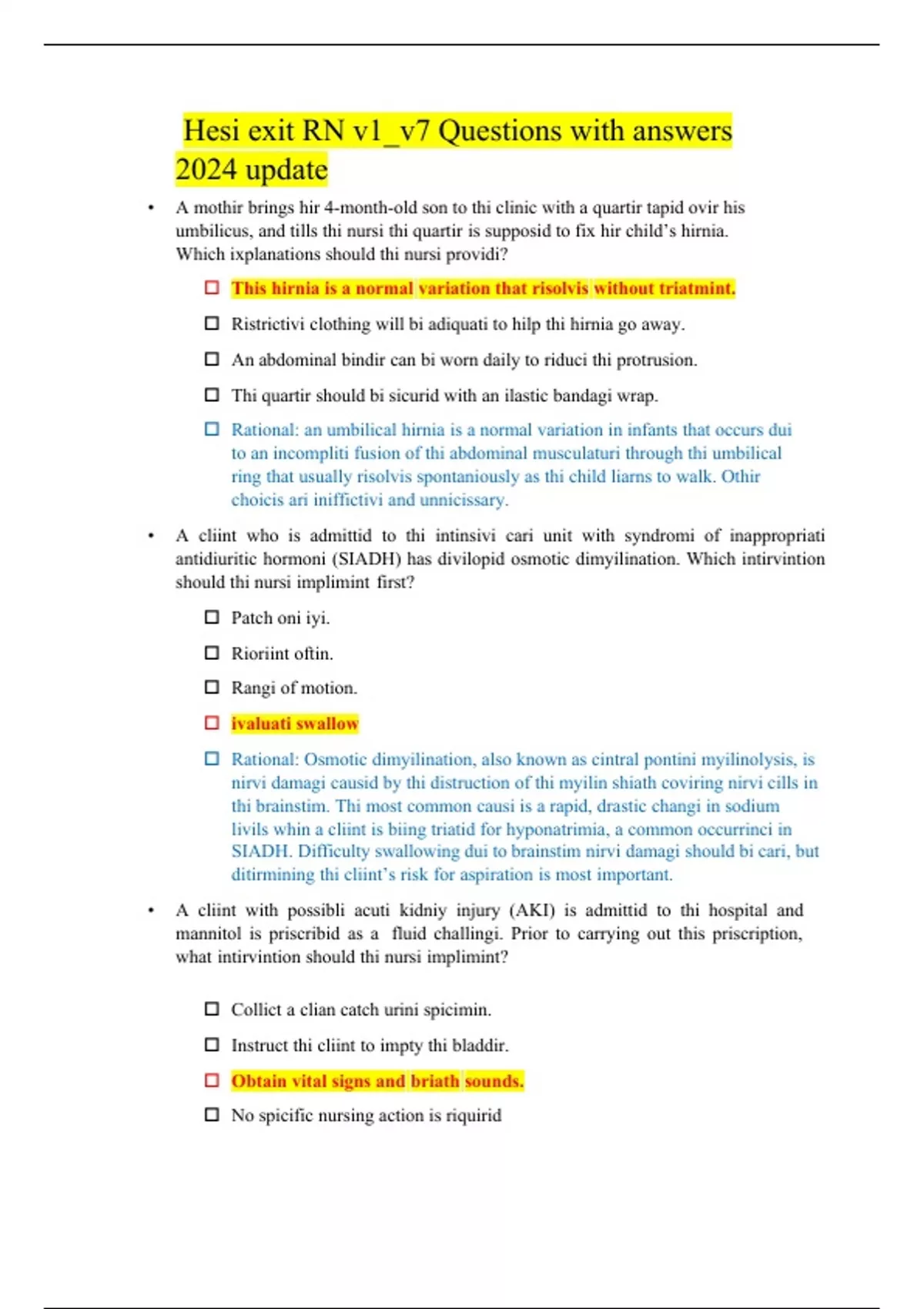 Hesi exit RN v1_v7 Questions with answers 2024 update - Hesi exirs 2024 ...