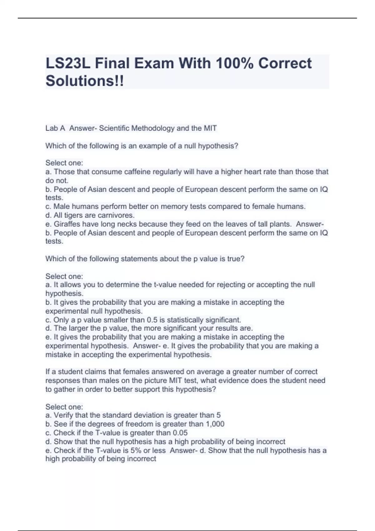 LS23L Final Exam With 100 Correct Solutions!! LS23L Stuvia US