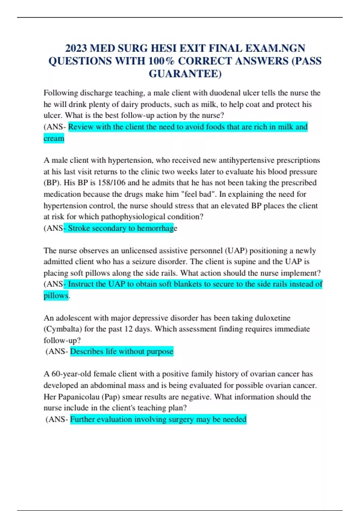 2023 MED SURG HESI EXIT FINAL EXAM.NGN QUESTIONS WITH 100% CORRECT ...
