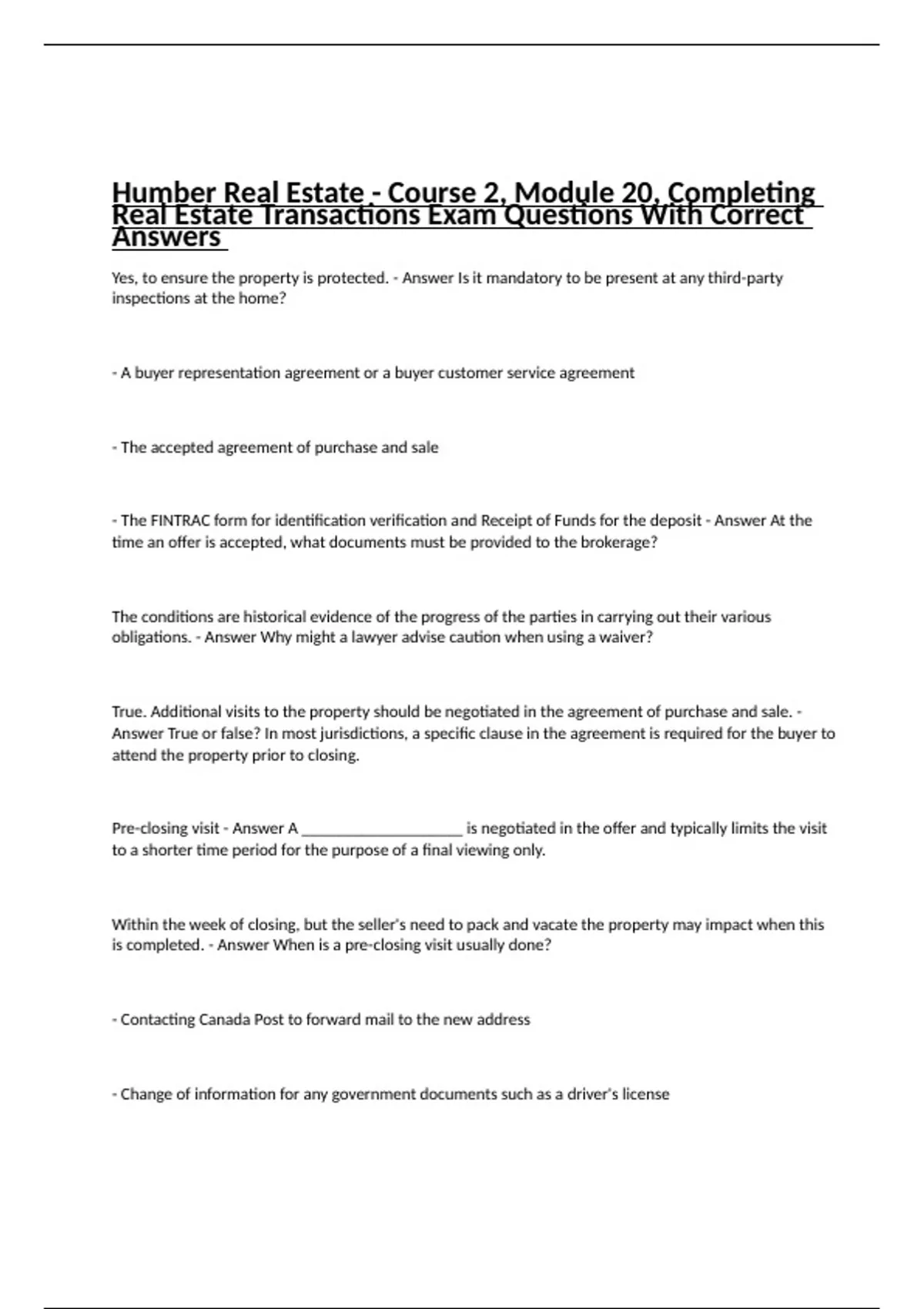 Humber Real Estate Course 2, Module 20, Completing Real Estate