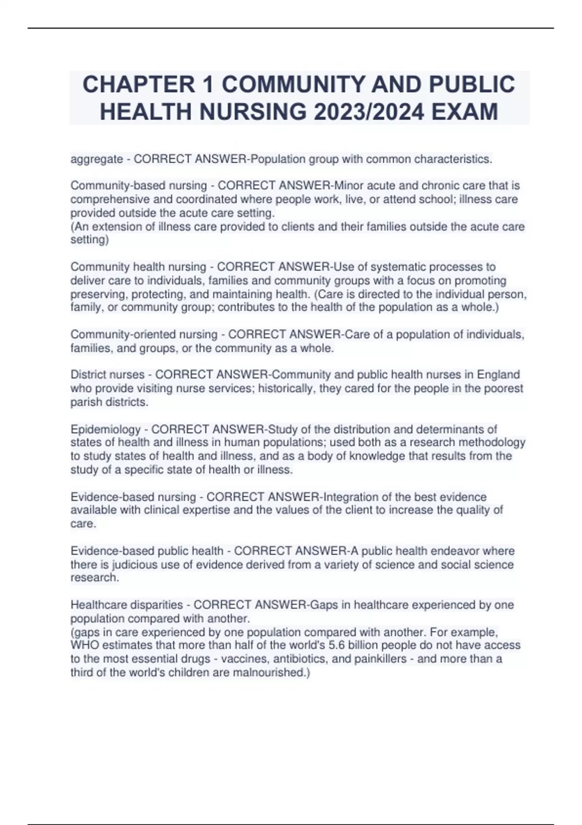 CHAPTER 1 COMMUNITY AND PUBLIC HEALTH NURSING 2023/2024 EXAM ...