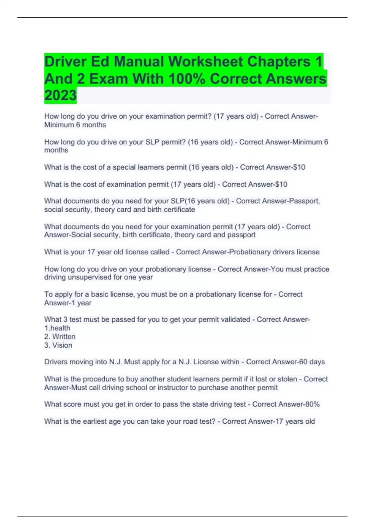 Driver Ed Manual Worksheet Chapters 1 And 2 Exam With 100% Correct Answers  2023 - Driver Ed Worksheet - Stuvia US