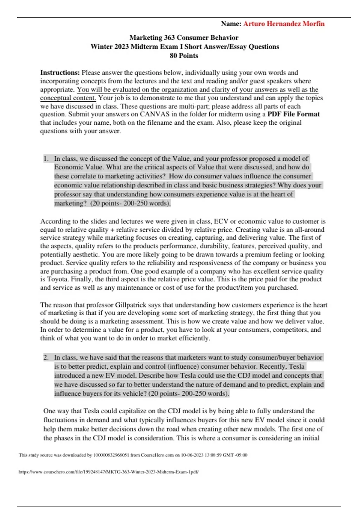 MKTG 363 - Winter 2023 Midterm Exam 1 Questions with Correct Answers ...
