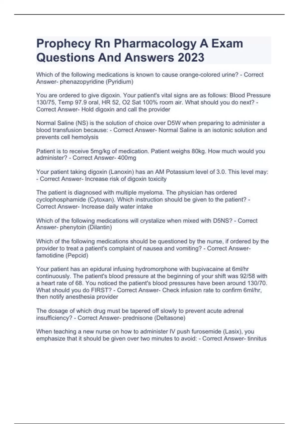 Prophecy Rn Pharmacology A Exam Questions And Answers 2023 - Prophecy RN Pharmacology A - Stuvia US