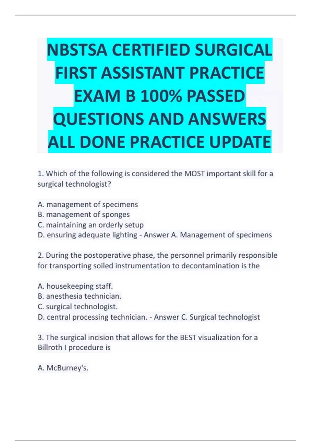 NBSTSA CERTIFIED SURGICAL FIRST ASSISTANT PRACTICE EXAM B 100 PASSED