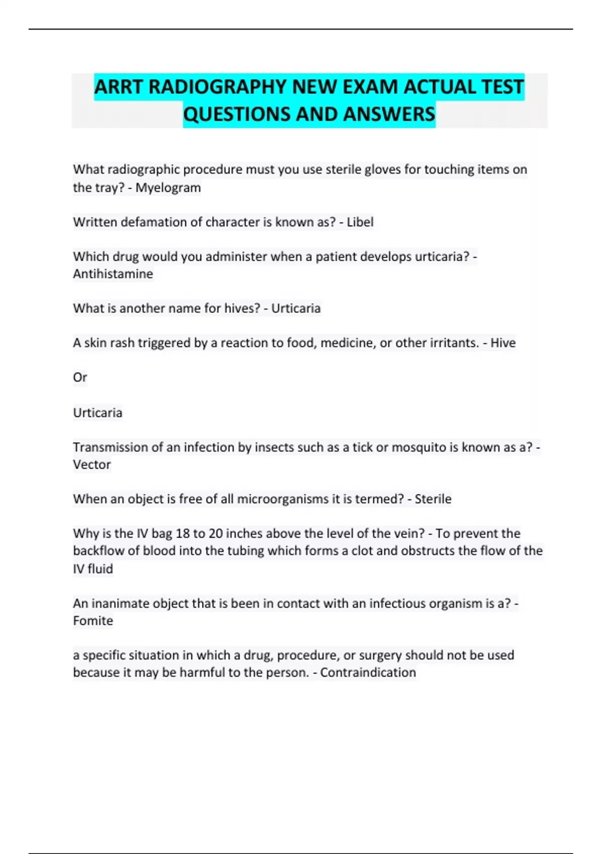 ARRT RADIOGRAPHY NEW EXAM ACTUAL TEST QUESTIONS AND ANSWERS Arrt