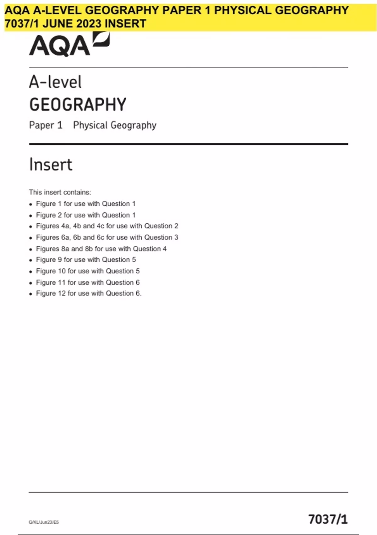AQA A-LEVEL GEOGRAPHY PAPER 1 INSERT QP AND MS 2023 - Stuvia US