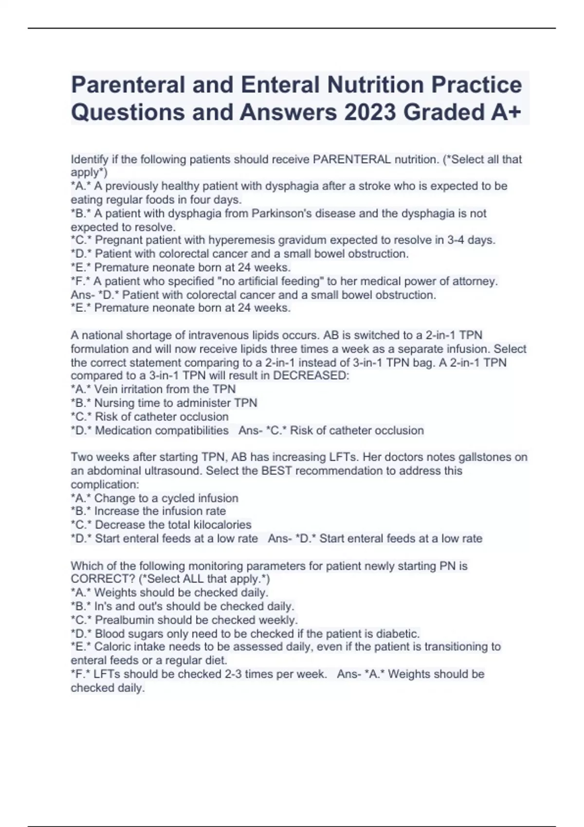 Parenteral and Enteral Nutrition Practice Questions and Answers 2023 Graded A+ Parenteral and