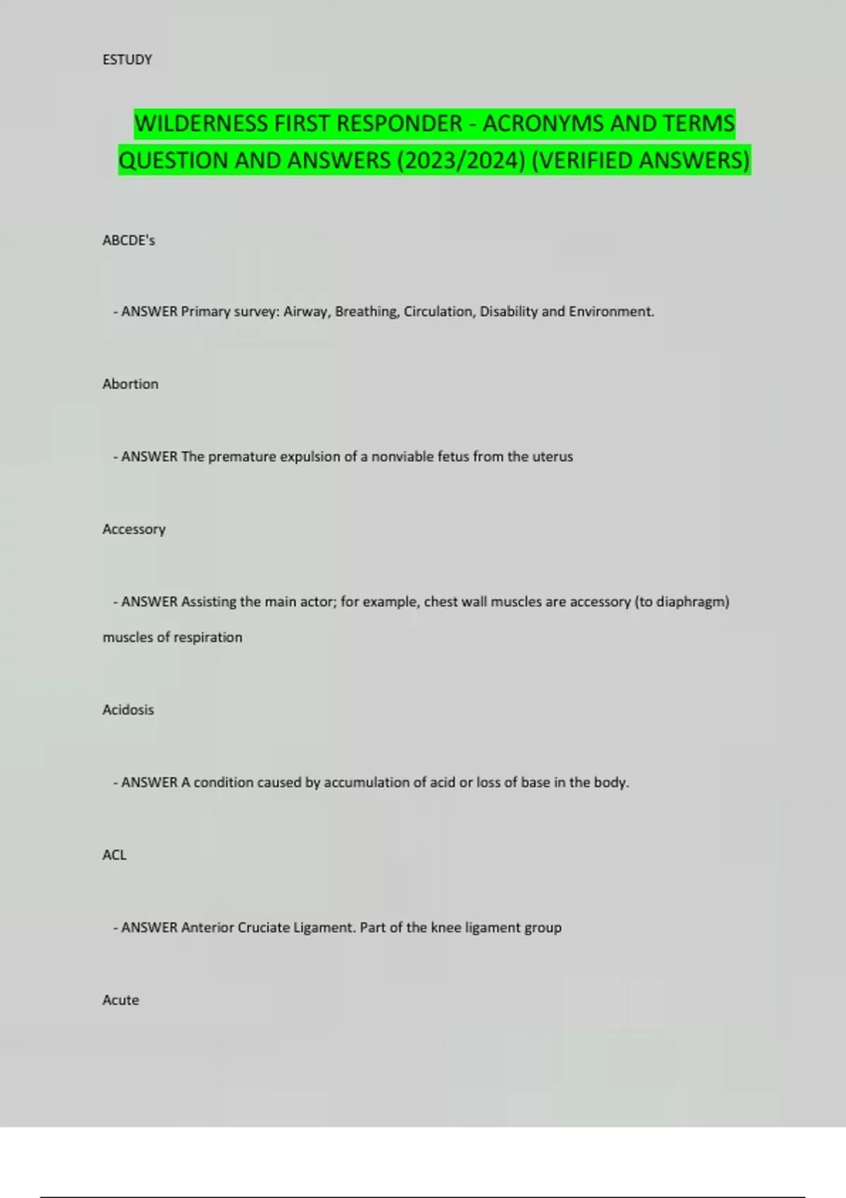 WILDERNESS FIRST RESPONDER ACRONYMS AND TERMS QUESTION AND ANSWERS