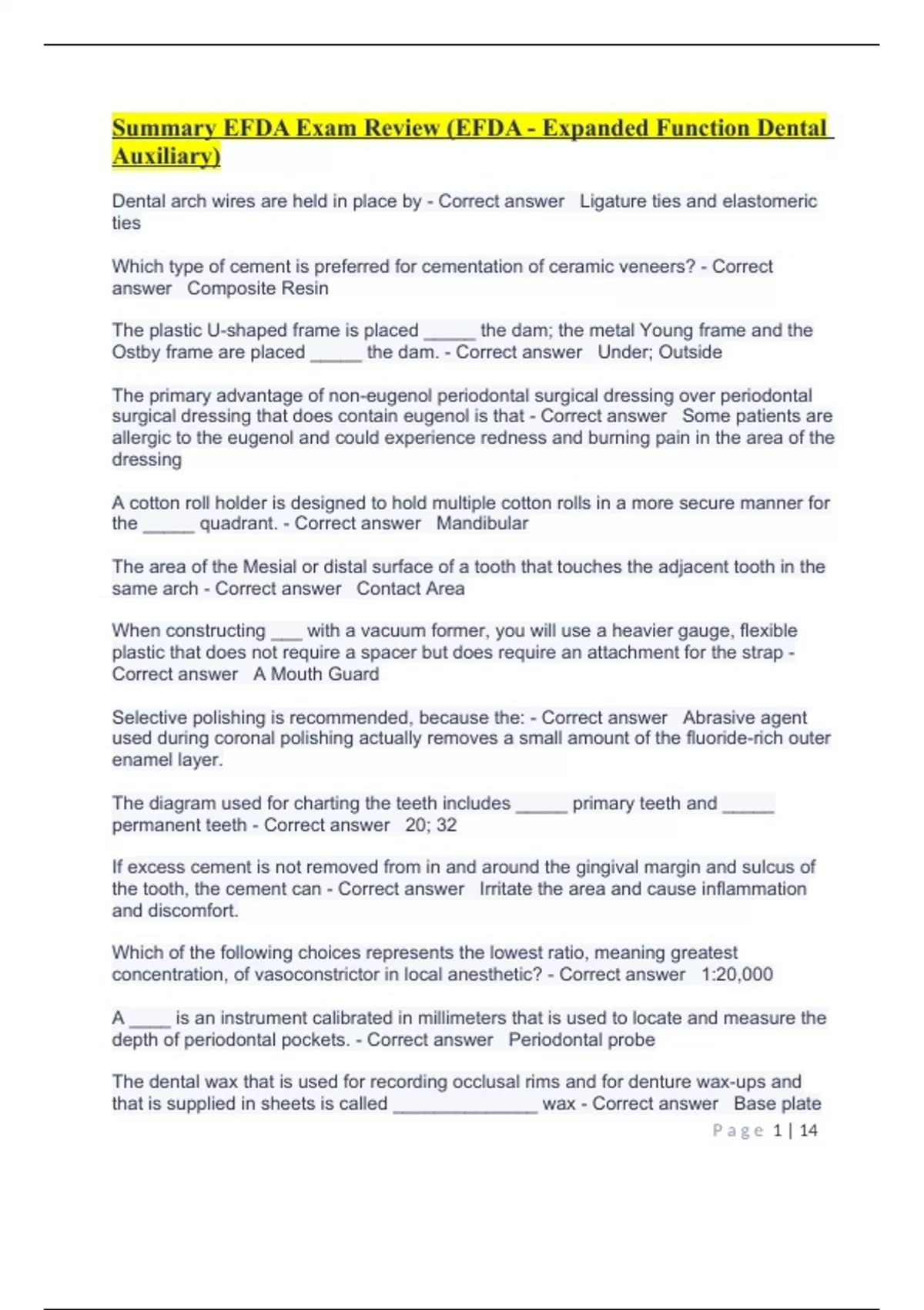 Summary EFDA Exam Review (EFDA Expanded Function Dental Auxiliary