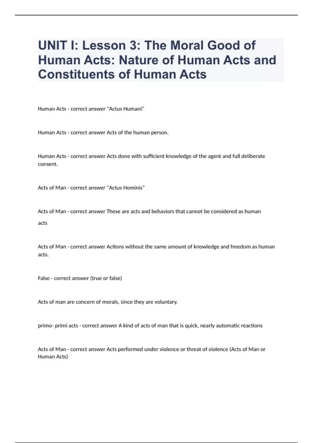 UNIT I Lesson 3 The Moral Good of Human Acts Nature of Human Acts